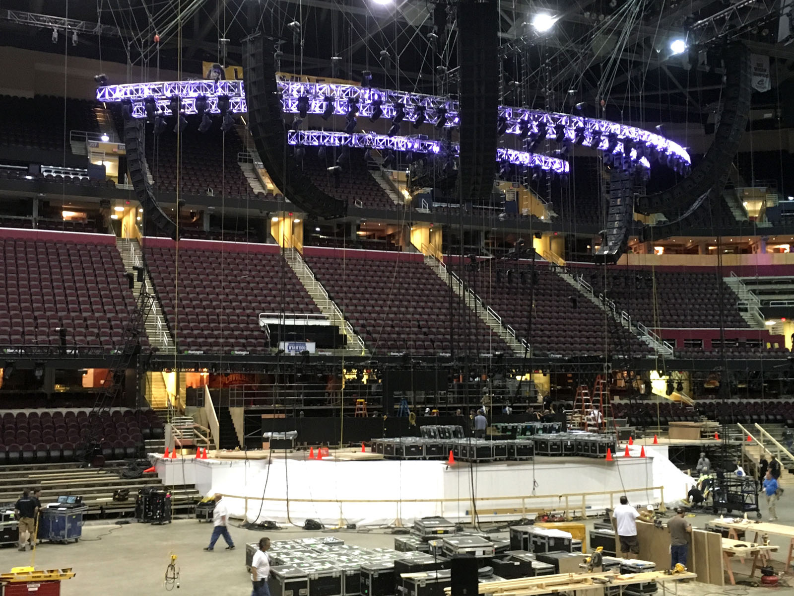 FILE - In this June 28, 2016 file photo, work continues on the main stage for the Republican National Convention in Cleveland. (AP Photo/Mark Gillispie)