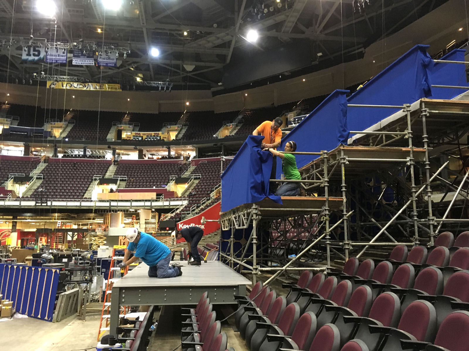 Workers prepare a camera platform inside Quicken Loans Arena in preparation for the Republican National Convention on Tuesday, June 28, 2016, in Cleveland. (AP Photo/Mark Gillispie)