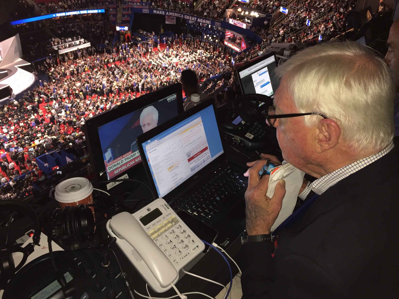 WTOP's Dave McConnell reports live from Cleveland on the final day of the Republican National Convention on Thursday, July 21, 2016. (WTOP/Brennan Haselton)