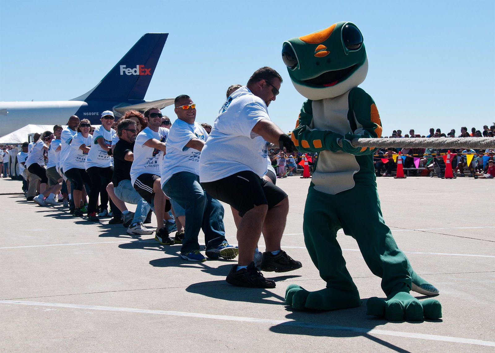 A team competes during the 2013 plane pull at Dulles International Airport. (Courtesy Joe Sanchez/Virginia Special Olympics)