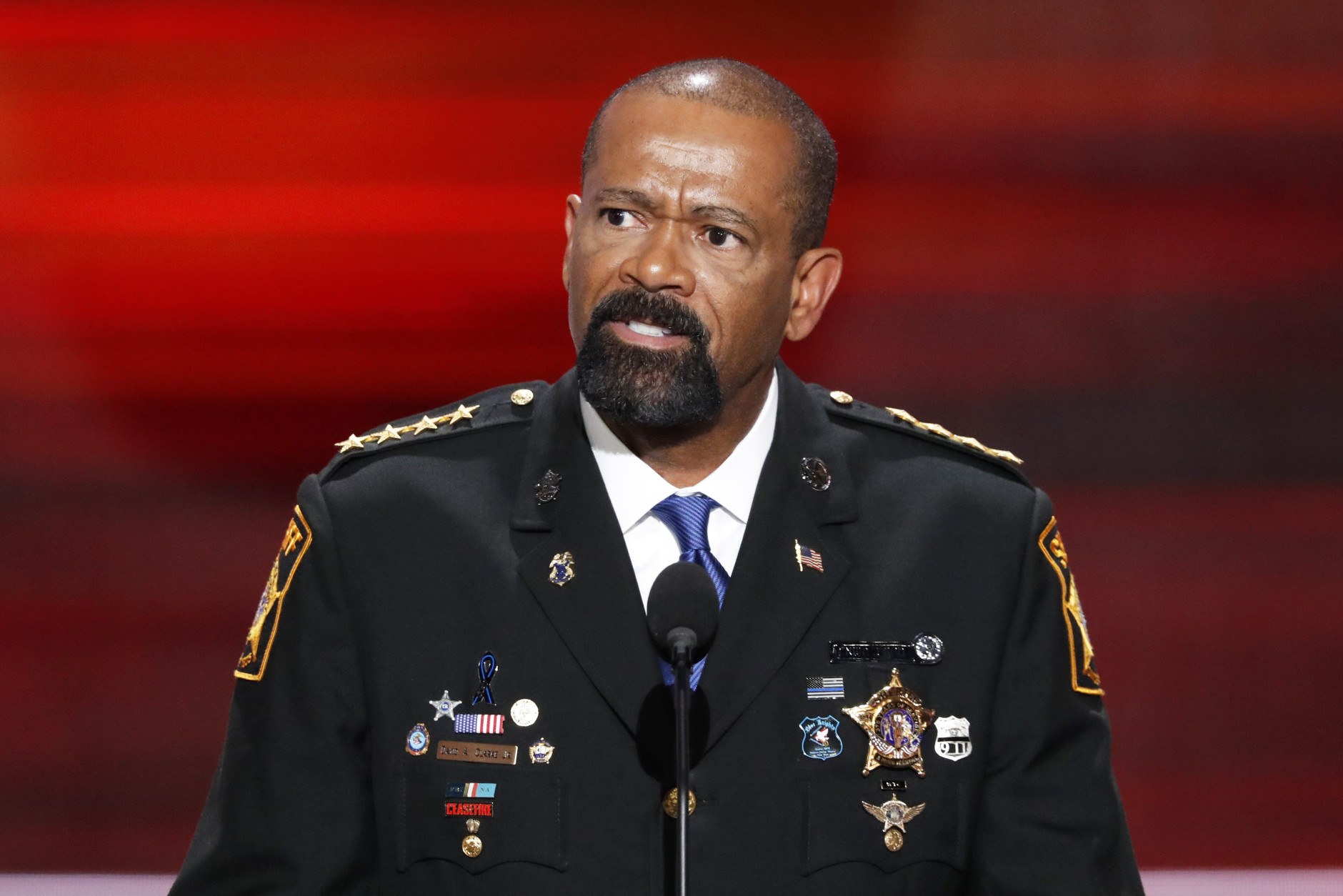 David Clarke, Sheriff of Milwaukee County, Wis., speaks during the opening day of the Republican National Convention in Cleveland, Monday, July 18, 2016. (AP Photo/J. Scott Applewhite)