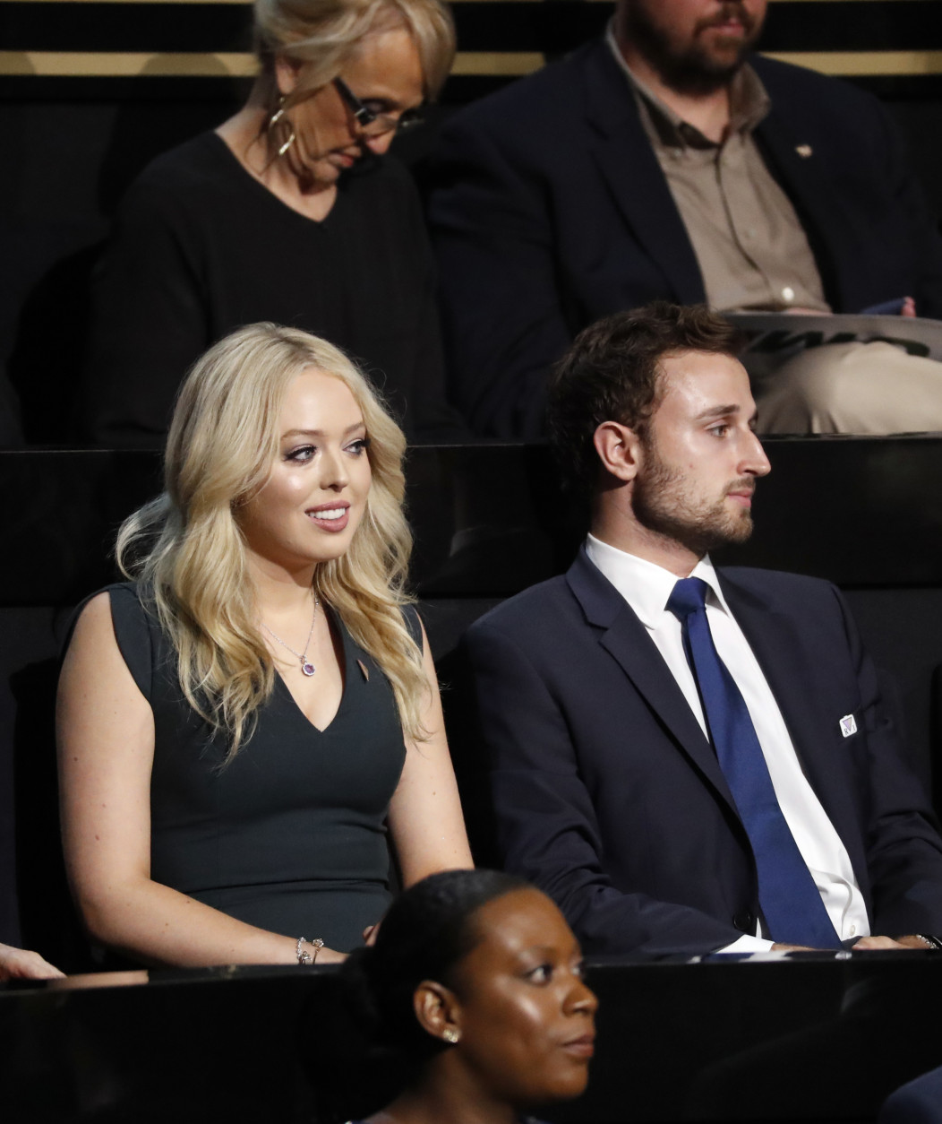 Tiffany Trump, daughter of Donald Trump and Marla Maples. attends the evening session of the opening day of the Republican National Convention in Cleveland, Monday, July 18, 2016. (AP Photo/Paul Sancya)