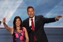 Rep. Sean Duffy, R-Wis., and Rachel Duffy speak during the opening day of the Republican National Convention in Cleveland, Monday, July 18, 2016. (AP Photo/J. Scott Applewhite)