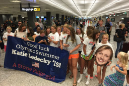 Well-wishers wait for Katie Ledecky to arrive from Rio at Dulles International Airport Aug. 17. (WTOP/Kristi King)