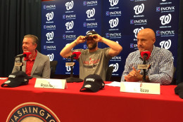 Bryce Harper dons one of his new hats. Part of sales benefit The Leukemia &amp; Lymphoma Society. (WTOP/Michelle Basch)