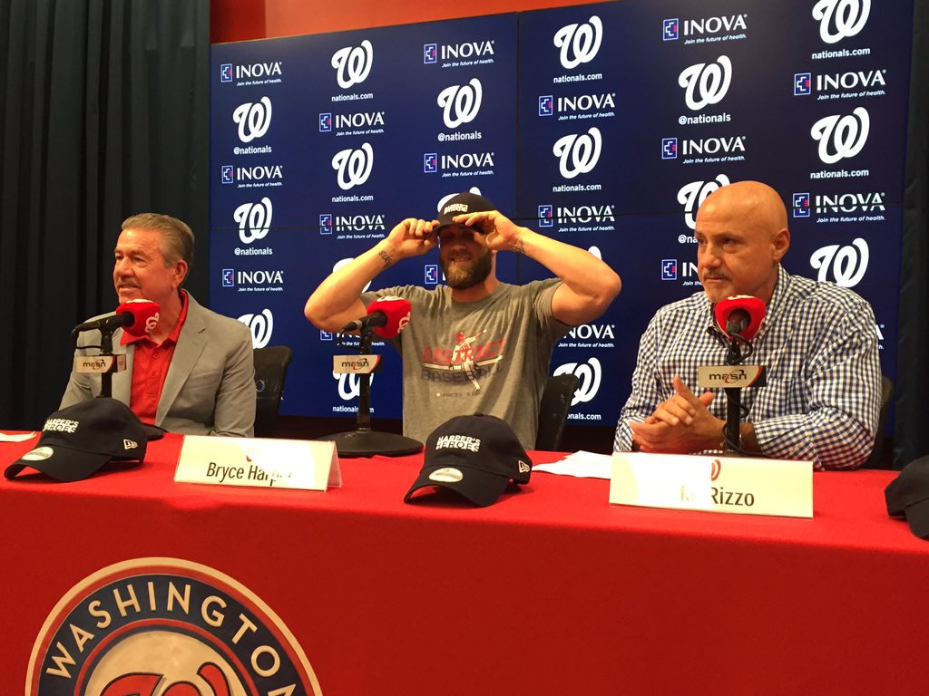 Bryce Harper dons one of his new hats. Part of sales benefit The Leukemia &amp; Lymphoma Society. (WTOP/Michelle Basch)