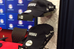 Bryce Harper ballcap and ski cap, available starting Wednesday at Nationals Park. Part of the proceeds benefit charity. (WTOP/Michelle Basch)