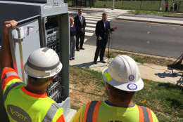The new HAWK traffic signal in Springfield, Virginia, was installed as part of a project that included sidewalk improvements. HAWK stands for High-intensity Activated crossWalK signal. (WTOP/Kristi King)