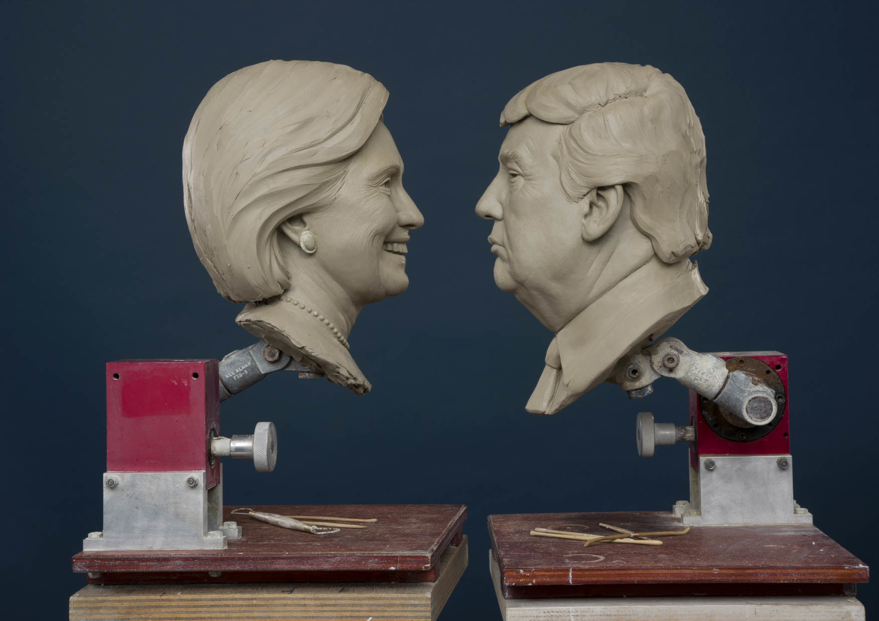 Madame Tussauds Washington, DC shares first photo of Clinton and Trump&apos;s clay head molds in the lead up to November&apos;s 2016 Election. (PRNewsFoto/Madame Tussauds Washington, DC)