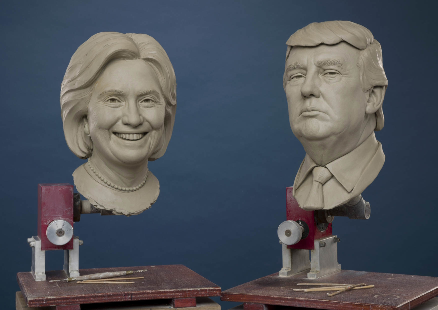Madame Tussauds Washington, DC shares first photo of Clinton and Trump&apos;s clay head molds in the lead up to November&apos;s 2016 Election. (Courtesy PRNewsFoto/Madame Tussauds Washington, DC)