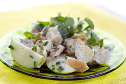 This May 16, 2011 photo shows potato salad with smoked trout and watercress in Concord, N.H. For AP's 20 Salads of Summer series, chef Peter Evans selected a recipe for potato salad with smoked trout and watercress from his latest book, "My Grill: Outdoor Cooking Australian Style."    (AP Photo/Matthew Mead)