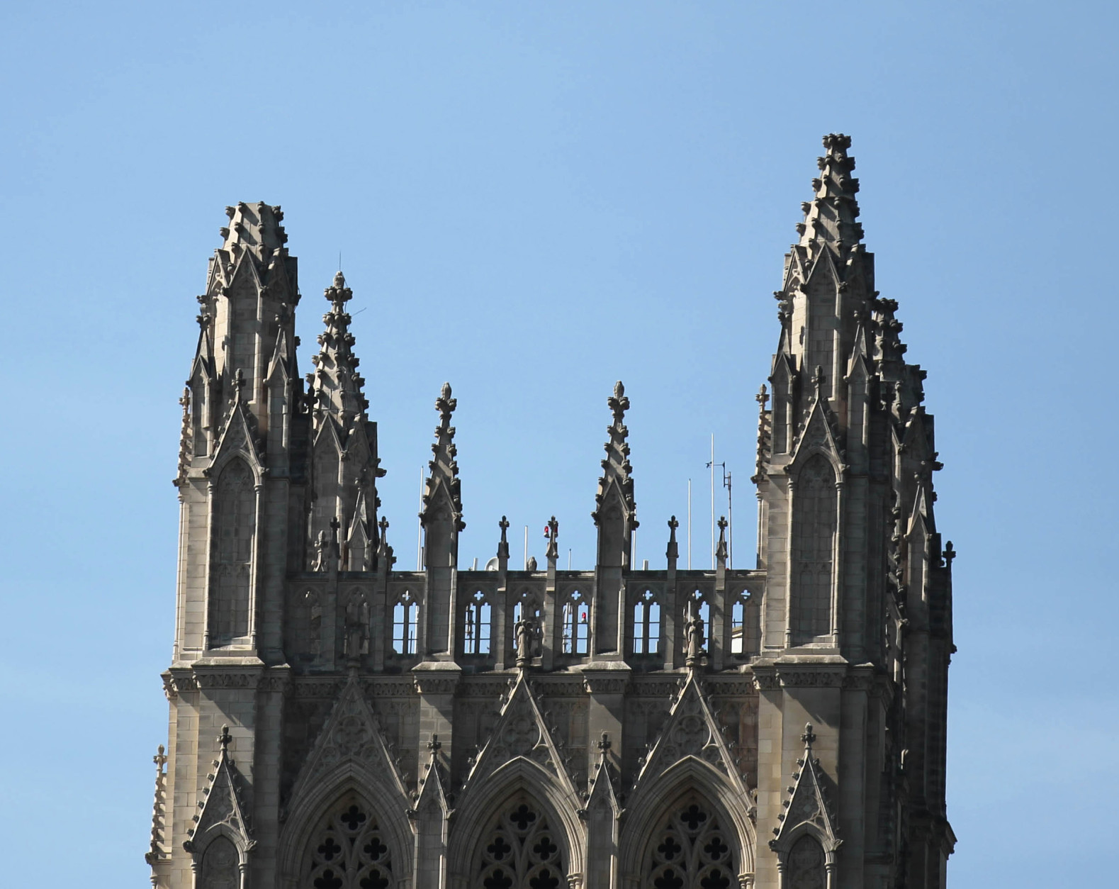 One of the spires , left, of the National Cathedral is seen missing following an earthquake in the Washington, Tuesday, Aug., 23, 2011. A 5.9 magnitude earthquake centered in Virginia forced evacuations of all the monuments on the National Mall in Washington and rattled nerves from Georgia to Martha's Vineyard. (AP Photo/Pablo Martinez Monsivais)