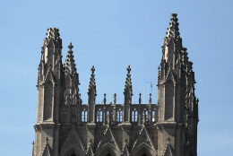One of the spires , left, of the National Cathedral is seen missing following an earthquake in the Washington, Tuesday, Aug., 23, 2011. A 5.9 magnitude earthquake centered in Virginia forced evacuations of all the monuments on the National Mall in Washington and rattled nerves from Georgia to Martha's Vineyard. (AP Photo/Pablo Martinez Monsivais)