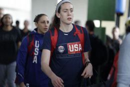 United States women's basketball player Breanna Stewart boards a bus at the airport after arriving at the 2016 Summer Olympics in Rio de Janeiro, Brazil, Wednesday, Aug. 3, 2016. (AP Photo/Charlie Neibergall)