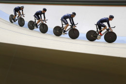 Members of the New Zealand men's track cycling team round the track during a training session inside the Rio Olympic Velodrome in advance of the 2016 Olympic Games in Rio de Janeiro, Brazil, Wednesday, Aug. 3, 2016. (AP Photo/Patrick Semansky)