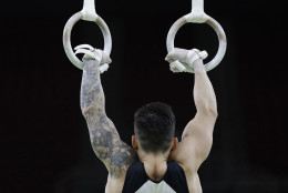 German gymnast Marcel Nguyen trains on the rings ahead of the 2016 Summer Olympics in Rio de Janeiro, Brazil, Wednesday, Aug. 3, 2016. (AP Photo/Rebecca Blackwell)