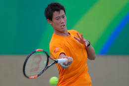 Kei Nishikori of Japan, returns a ball during a practice session ahead of the upcoming 2016 Summer Olympics in Rio de Janeiro, Brazil, Wednesday, Aug. 3, 2016. (AP Photo/Vadim Ghirda)