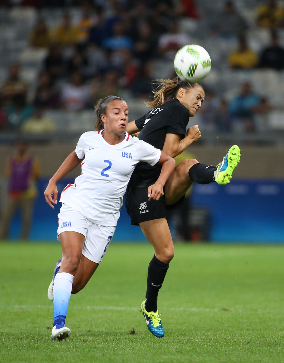 United States' Mallory Pugh, left, and New Zealand's Ali Riley vie for the ball during a Women's Olympic Football Tournament match at the Mineirao stadium in Belo Horizonte, Brazil, Wednesday, Aug. 3, 2016. (AP Photo/Eugenio Savio)