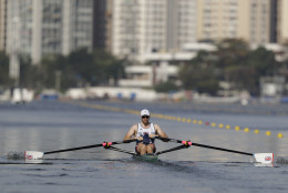 Gret Britain's Alan Campbell competes in the Men's Rowing single sculls in Lagoa during the 2016 Summer Olympics in Rio de Janeiro, Brazil, Saturday, Aug. 6, 2016. (Luca Bruno)