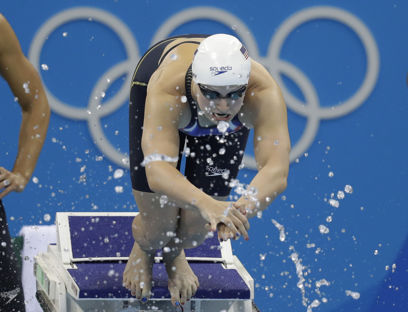 United States' Katie Ledecky starts her portion of a women's 4x100-meter freestyle relay heat during the swimming competitions at the 2016 Summer Olympics, Saturday, Aug. 6, 2016, in Rio de Janeiro, Brazil. (AP Photo/Michael Sohn)