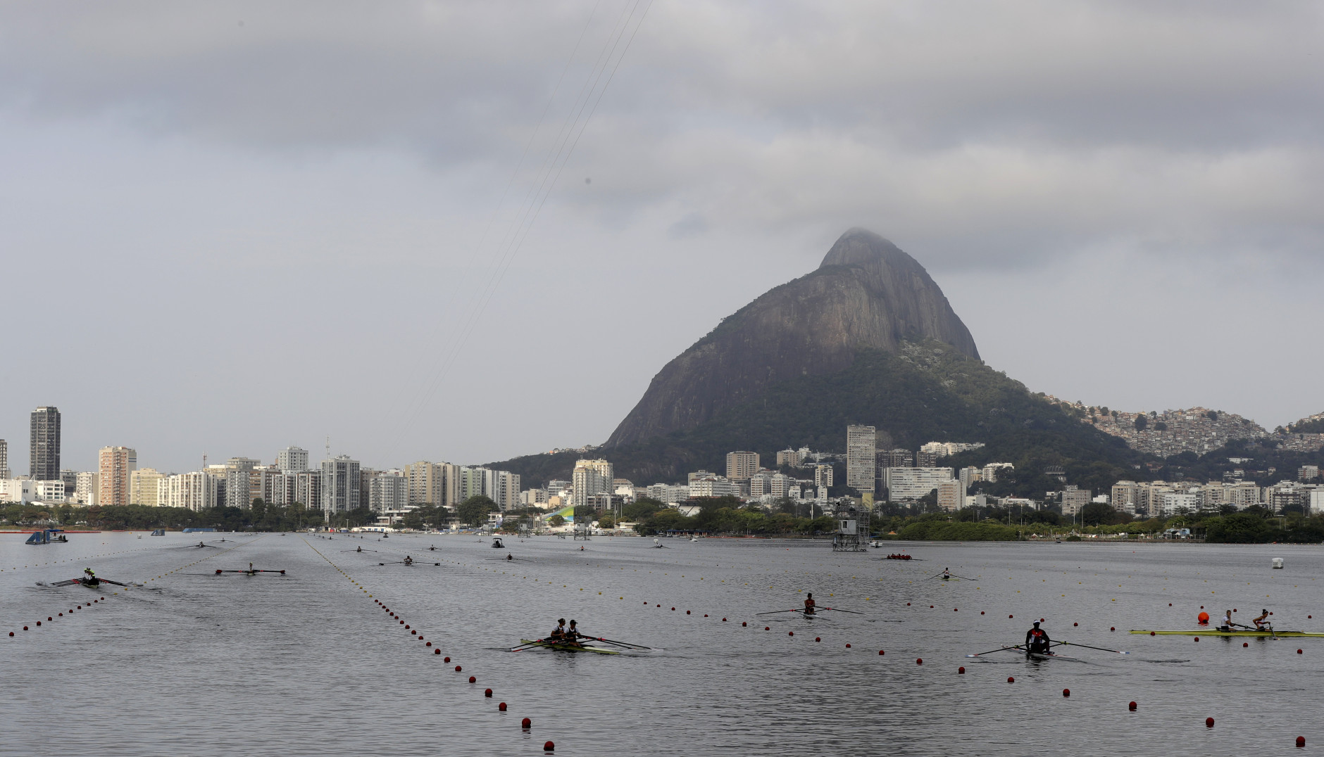Rowers practice prior to competition during the 2016 Summer Olympics in Rio de Janeiro, Brazil, Tuesday, Aug. 9, 2016. (AP Photo/Luca Bruno)