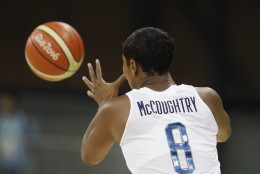 United States guard Angel McCoughtry sports a star and stripes cut into her hair during the second half of a women's basketball game against Serbia at the Youth Center at the 2016 Summer Olympics in Rio de Janeiro, Brazil, Wednesday, Aug. 10, 2016. The United States defeated Serbia 110-84. (AP Photo/Carlos Osorio)