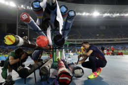 France's Renaud Lavillenie packs his stuff after taking the silver in the men's pole vault final during the athletics competitions of the 2016 Summer Olympics at the Olympic stadium in Rio de Janeiro, Brazil, Tuesday, Aug. 16, 2016. (AP Photo/Matt Dunham)