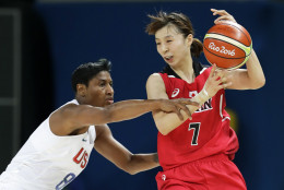United States' Angel McCoughtry, left, tries to steal the ball from Japan's Mika Kurihara, right, during a quarterfinal round basketball game at the 2016 Summer Olympics in Rio de Janeiro, Brazil, Tuesday, Aug. 16, 2016. (AP Photo/Charlie Neibergall)