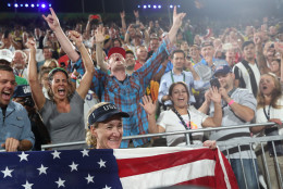 United States' Kerri Walsh Jennings celebrates with fans after defeating Brazil in a women's beach volleyball bronze medal match at the 2016 Summer Olympics in Rio de Janeiro, Brazil, Wednesday, Aug. 17, 2016. (AP Photo/Petr David Josek)