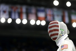 Margaux Isaksen of the United States prepares to compete during the fencing portion of the women's modern pentathlon at the Summer Olympics in Rio de Janeiro, Brazil, Thursday, Aug. 18, 2016. (AP Photo/Kirsty Wigglesworth)