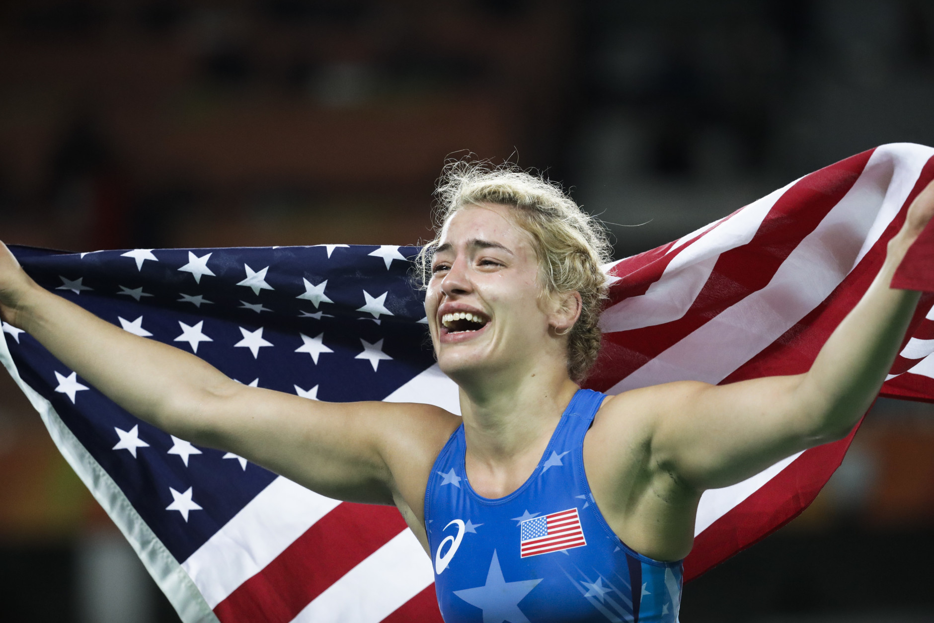 United States' Helen Louise Maroulis celebrates after winning the gold medal during the women's 53-kg freestyle wrestling competition at the 2016 Summer Olympics in Rio de Janeiro, Brazil, Thursday, Aug. 18, 2016. (AP Photo/Markus Schreiber)