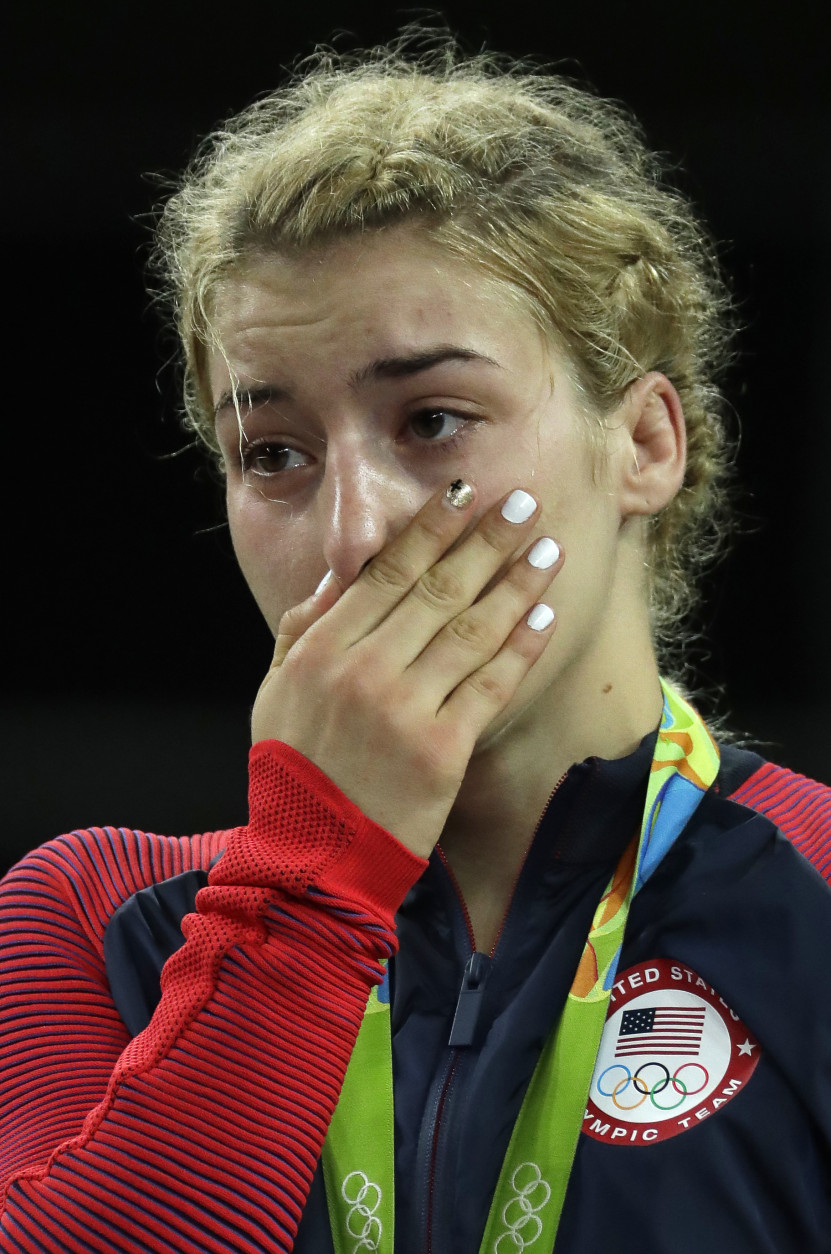 Gold medalist from the United States' Helen Louise Maroulis stands on the podium after winning the women's wrestling freestyle 53-kg competition at the 2016 Summer Olympics in Rio de Janeiro, Brazil, Thursday, Aug. 18, 2016. (AP Photo/Charlie Riedel)