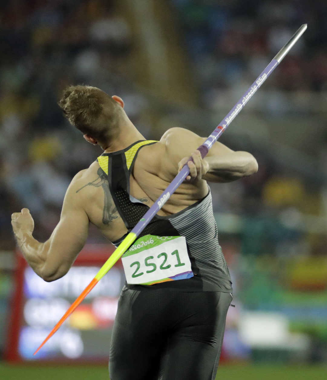 Germany's Johannes Vetter competes in the final of the men's javelin throw during the athletics competitions of the 2016 Summer Olympics at the Olympic stadium in Rio de Janeiro, Brazil, Saturday, Aug. 20, 2016. (AP Photo/Charlie Riedel)