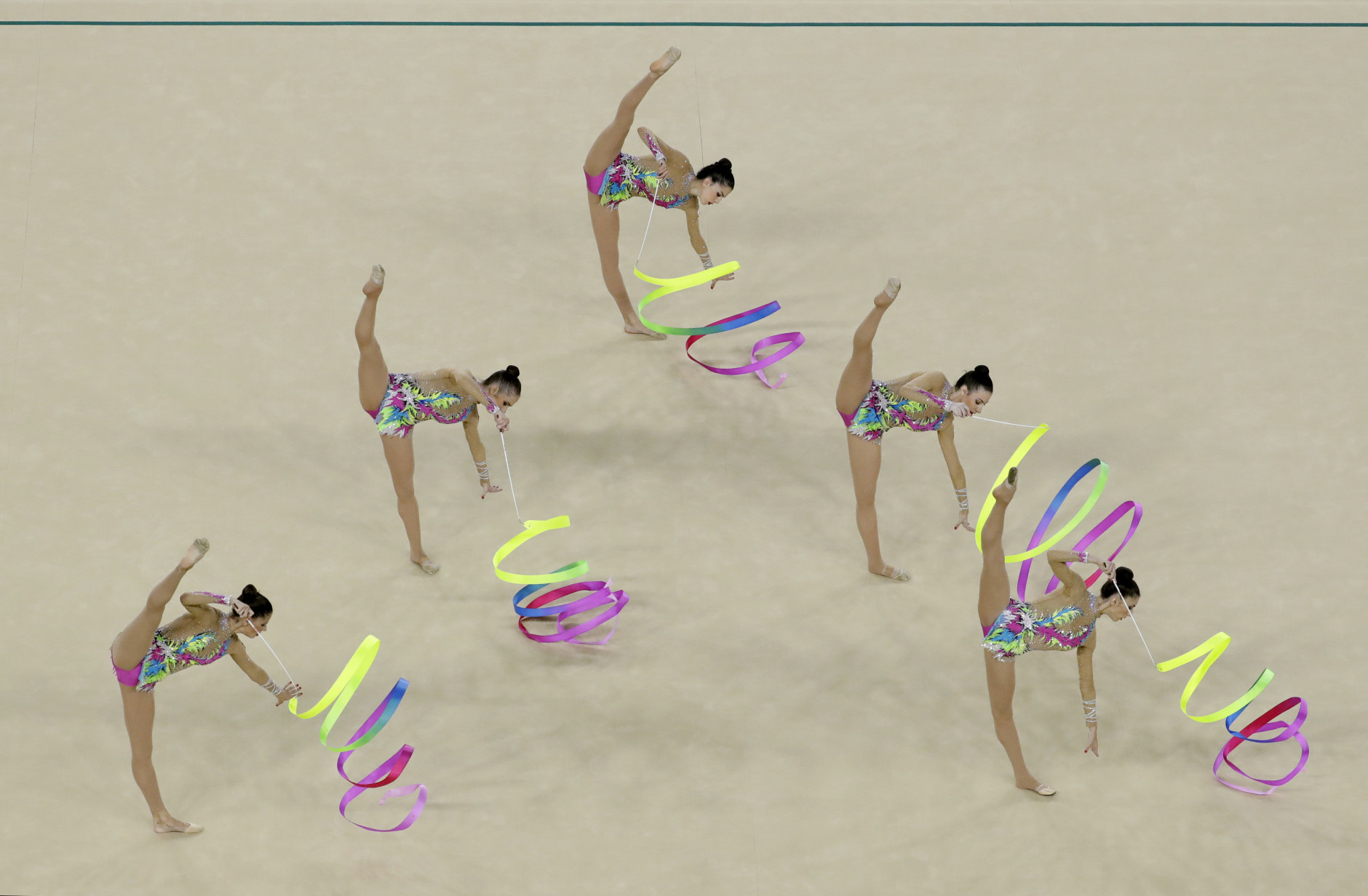 Team Spain performs during the rhythmic gymnastics group all-around final at the 2016 Summer Olympics at the Olympic stadium in Rio de Janeiro, Brazil, Sunday, Aug. 21, 2016. (AP Photo/Dmitri Lovetsky)