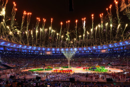 Fireworks goes off after the Olympic flame was extinguished during the closing ceremony in the Maracana stadium at the 2016 Summer Olympics in Rio de Janeiro, Brazil, Sunday, Aug. 21, 2016. (AP Photo/Natacha Pisarenko)