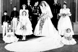 Prince Charles and his bride Diana, Princess of Wales, pose in the Throne Room of Buckingham Palace for this picture made after their wedding at St. Paul's Cathedral today.  Back row, left to right: Edward van Cutsem, Lord Nicholas Windsor, Sarah Jane Gaselee, Prince Edward, Prince Charles, The Princess of Wales, Prince Andrew and Lady Sarah Armstrong-Jones. Front row, left to right: Catherine Cameron, seated, India Hicks, standing, and Clementine Hambro, seated.  (AP Photo, BIPNA, Pool)