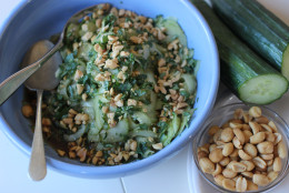 This Nov. 16, 2015, photo, shows Thai cucumber salad in Concord, N.H. This simple salad features crunchy cucumbers enhanced with just a bit of citrus, soy sauce and a few other Thai ingredients. (AP Photo/Matthew Mead)