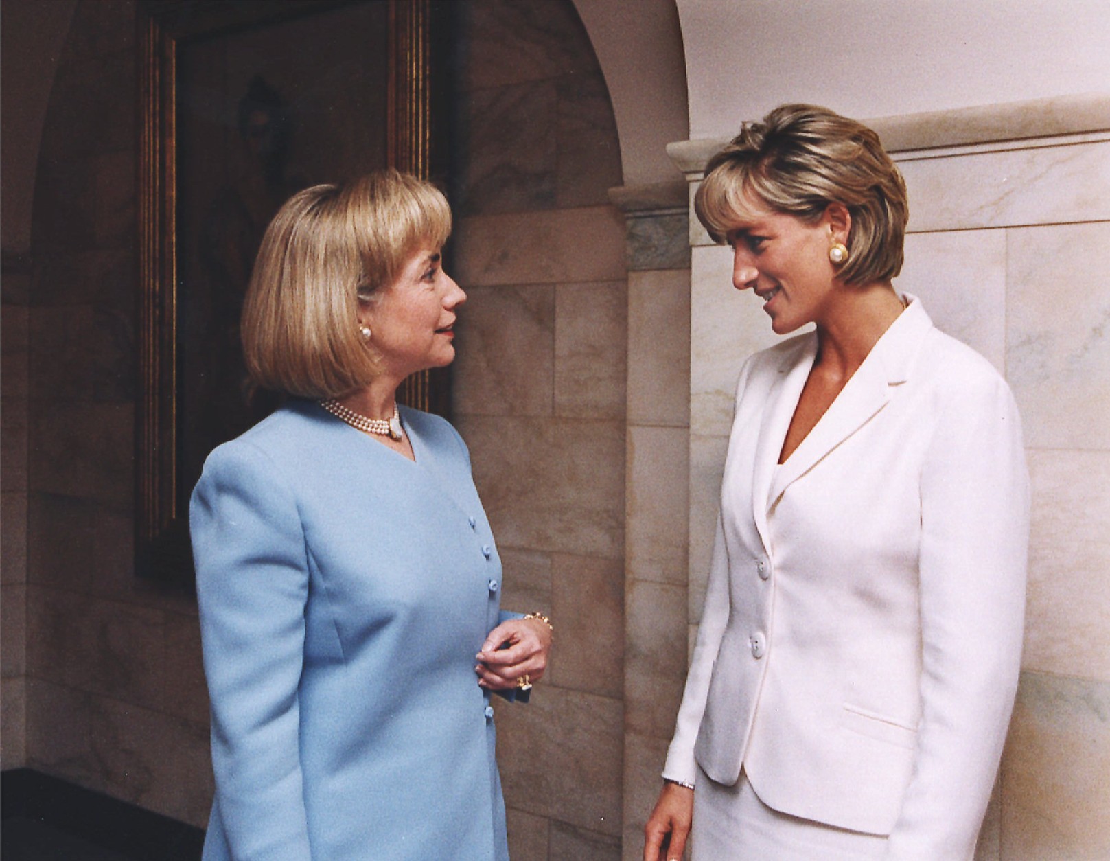 First lady Hillary Rodham Clinton, left, meets with Princess Diana at the White House Wednesday, June 18, 1997. On Tuesday night the princess attended an American Red Cross fund-raiser in Washington to aid land-mine victims around the world. (AP Photo/White House)
