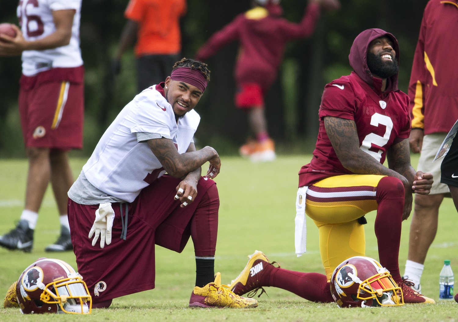 Washington Redskins wide receiver DeSean Jackson, left, and safety DeAngelo Hall, right, stretch during the NFL football team's minicamp at the Redskins Park in Ashburn, Va., Wednesday, June 15, 2016. (AP Photo/Manuel Balce Ceneta)