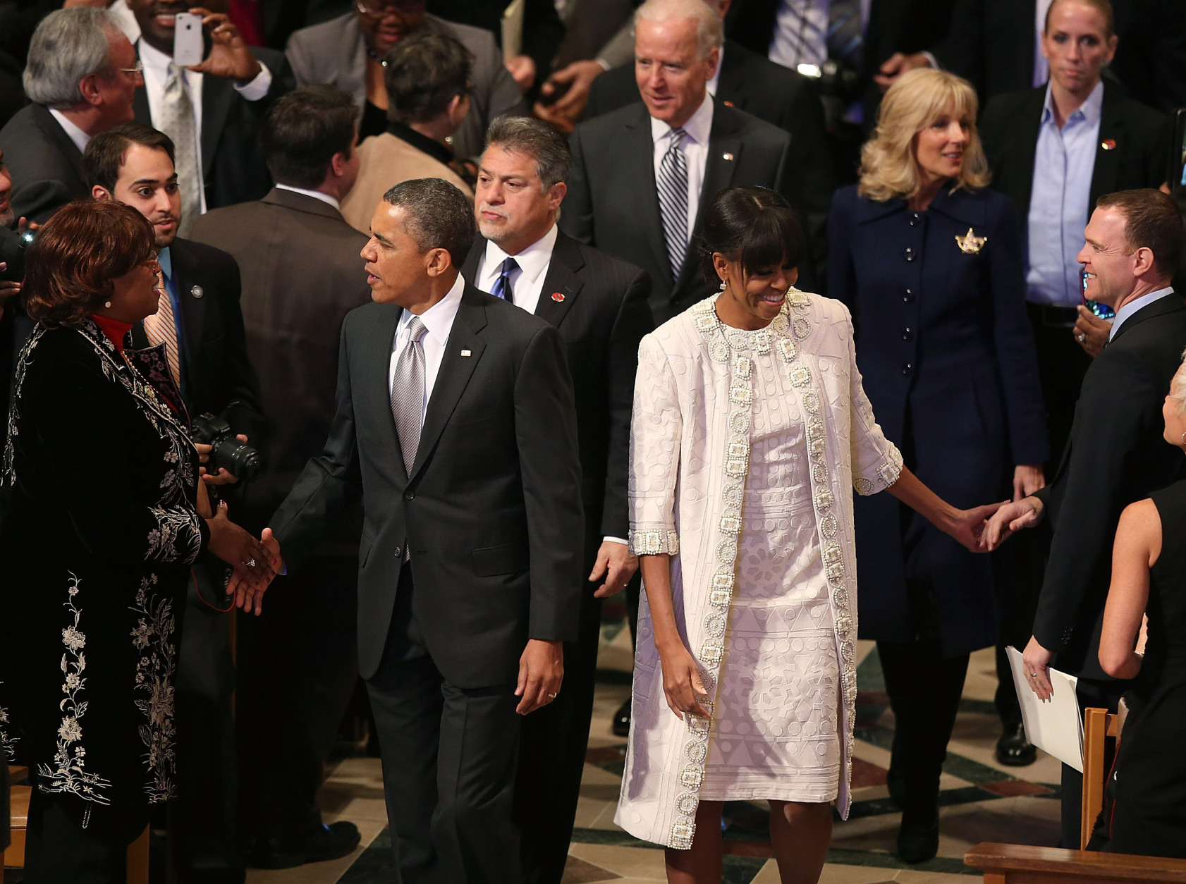 WASHINGTON, DC - JANUARY 22:  U.S. President Barack Obama and first lady Michelle Obama arrive at the National Prayer Service at the National Cathedral, on January 22, 2013 in Washington, DC. President Obama was sworn in on January 20 for his second term as President of the United States.  (Photo by Mark Wilson/Getty Images)