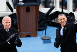 WASHINGTON, DC - JANUARY 21:  : U.S. President Barack Obama (R) and U.S. Vice President Joe Biden applaud during the presidential inauguration on the West Front of the U.S. Capitol January 21, 2013 in Washington, DC. Barack Obama was re-elected for a second term as President of the United States.  (Photo by Rob Carr/Getty Images)