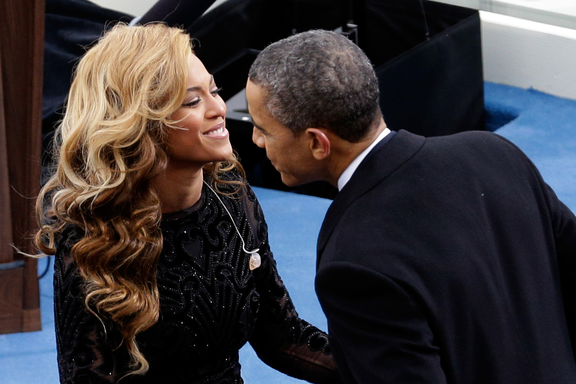 WASHINGTON, DC - JANUARY 21:  U.S. President Barack Obama greets singer Beyonce after she performed the National Anthem during the public ceremonial inauguration on the West Front of the U.S. Capitol January 21, 2013 in Washington, DC. Barack Obama was re-elected for a second term as President of the United States.  (Photo by Rob Carr/Getty Images)