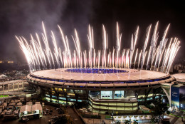 RIO DE JANEIRO, BRAZIL - AUGUST 03: Fireworks explode above the Maracana stadium during the rehearsal of the opening ceremony of the Olympic Games on August 03, 2016 in Rio de Janeiro, Brazil. Rio 2016 will be the first Olympic Games in South America. The event will take place between August 5-21. (Photo by Buda Mendes/Getty Images)
