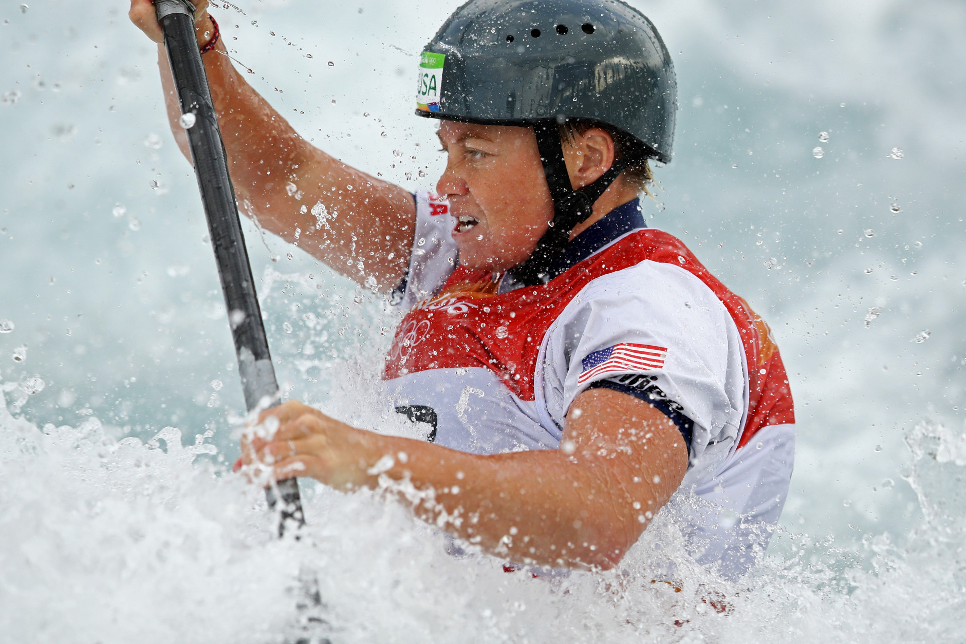 RIO DE JANEIRO, BRAZIL - AUGUST 08:  Ashley Nee of the United States competes during the Women's Kayak Slalom (K1) heats on Day 3 of the Rio 2016 Olympic Games at the Whitewater Stadium on August 8, 2016 in Rio de Janeiro, Brazil.  (Photo by Mark Kolbe/Getty Images)