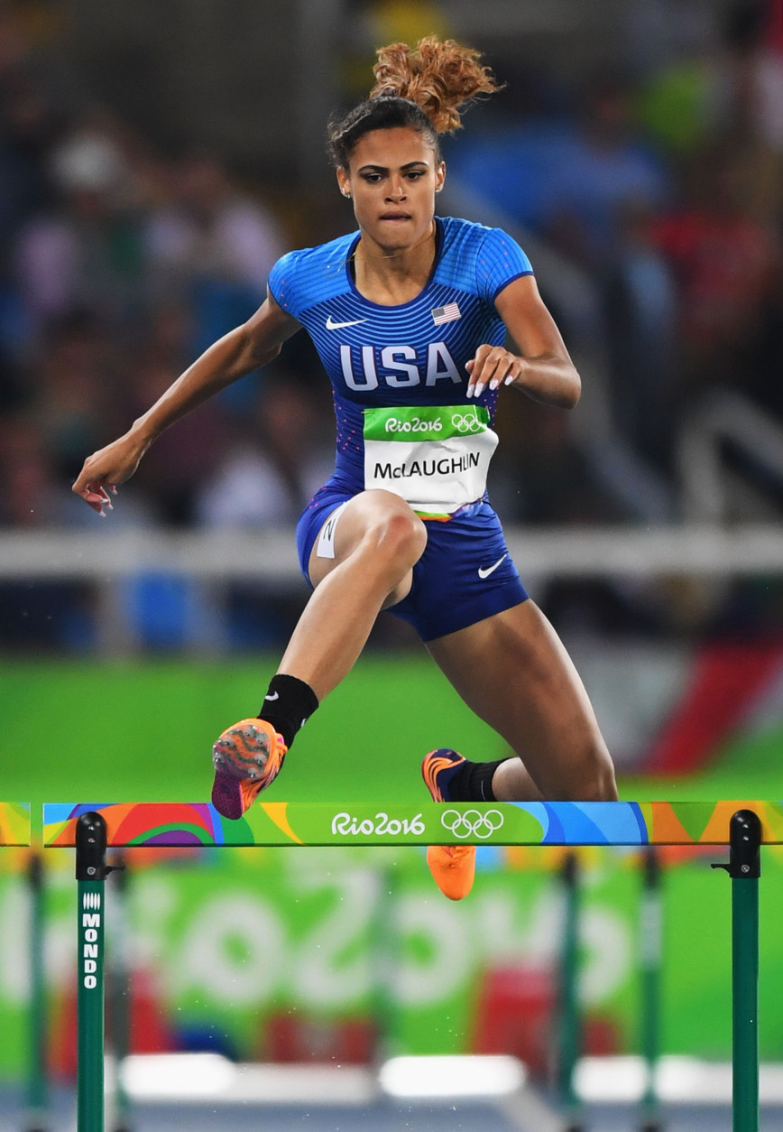 RIO DE JANEIRO, BRAZIL - AUGUST 15:  Sydney McLaughlin of the United States competes during the Women's 400m Hurdles Round 1 - Heat 1 on Day 10 of the Rio 2016 Olympic Games at the Olympic Stadium on August 15, 2016 in Rio de Janeiro, Brazil.  (Photo by Quinn Rooney/Getty Images)