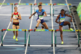 RIO DE JANEIRO, BRAZIL - AUGUST 15:  Sydney McLaughlin of the United States (C) competes during the Women's 400m Hurdles Round 1 - Heat 1 on Day 10 of the Rio 2016 Olympic Games at the Olympic Stadium on August 15, 2016 in Rio de Janeiro, Brazil.  (Photo by Cameron Spencer/Getty Images)