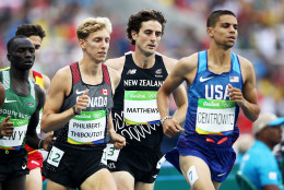 RIO DE JANEIRO, BRAZIL - AUGUST 16: Charles Philibert-Thiboutot of Canada, Julian Matthews of New Zealand and Matthew Centrowitz of the United States compete in the Men's 1500 metres first round on Day 11 of the Rio 2016 Olympic Games at the Olympic Stadium on August 16, 2016 in Rio de Janeiro, Brazil. (Photo by Cameron Spencer/Getty Images)