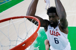 RIO DE JANEIRO, BRAZIL - AUGUST 17:  DeAndre Jordan #6 of United States dunks the ball against Argentina during the Men's Quarterfinal match on Day 12 of the Rio 2016 Olympic Games at Carioca Arena 1 on August 17, 2016 in Rio de Janeiro, Brazil.  (Photo by Eric Gay - Pool/Getty Images)