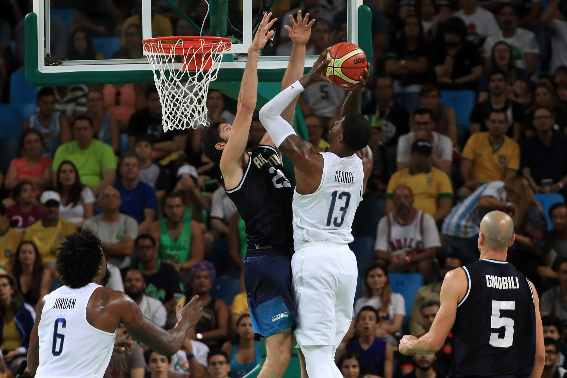 RIO DE JANEIRO, BRAZIL - AUGUST 17:  Paul George #13 of United States shoots the ball over Patricio Garino #29 of Argentina during the Men's Quarterfinal match on Day 12 of the Rio 2016 Olympic Games at Carioca Arena 1 on August 17, 2016 in Rio de Janeiro, Brazil.  (Photo by Sam Greenwood/Getty Images)