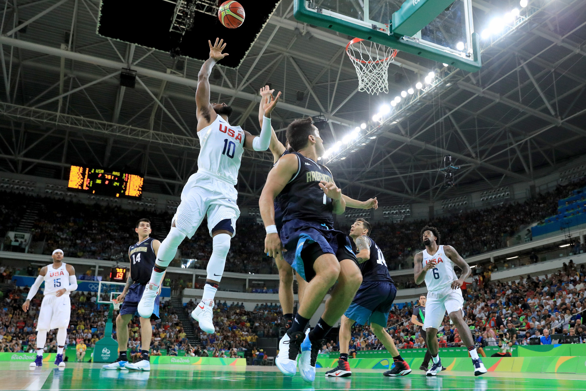 RIO DE JANEIRO, BRAZIL - AUGUST 17:  Kyrie Irving #10 of United States goes up for a shot in the lane against Argentina during the Men's Basketball Quarterfinal game at Carioca Arena 1 on Day 12 of the Rio 2016 Olympic Games on August 17, 2016 in Rio de Janeiro, Brazil.  (Photo by Tom Pennington/Getty Images)